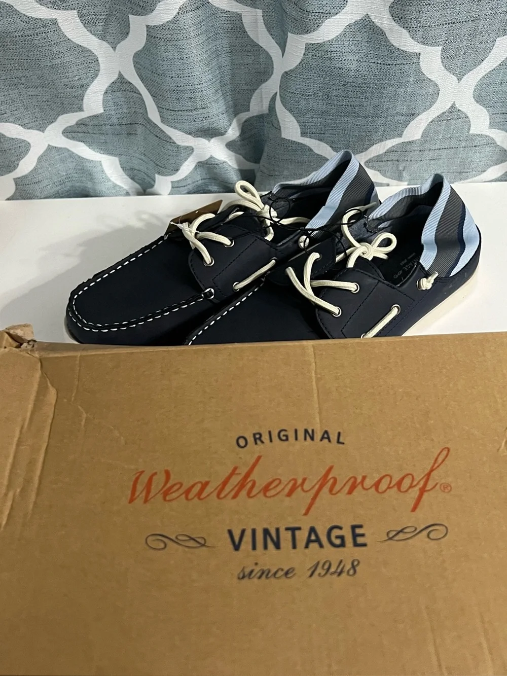 Weatherproof Navy Boat Shoes with Cream Laces